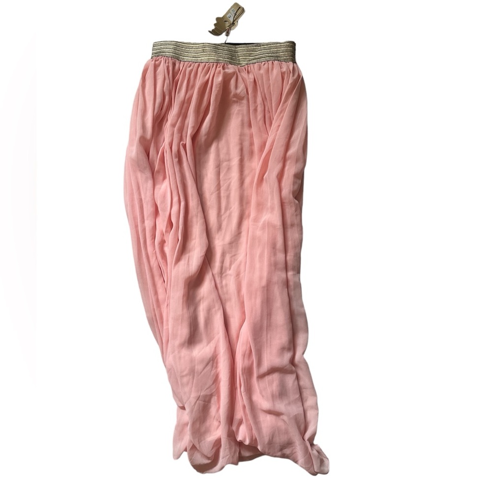 4/20$ Pink chiffon maxi skirt S/M with gold elastic waist